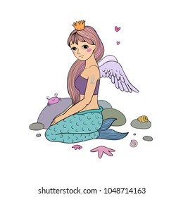 Beautiful mermaid with wings and crown. Siren. Sea theme. Mythical creature. vector illustration