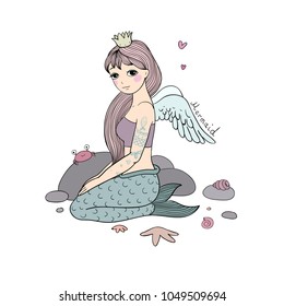 Beautiful mermaid with wings. Siren. Sea theme. Mythical creature. vector illustration