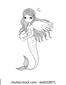 Beautiful mermaid with wings. Siren. Sea theme. Mythical creature. vector illustration. Coloring book