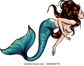 Beautiful mermaid with. Hand drawn illustration. vector