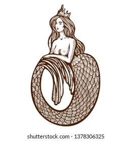 Beautiful mermaid woman with long hair and curved tale. Hand drawn vintage vector illustration, line art, etching, engraving on white background