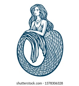 Beautiful mermaid woman with long hair and curved tale. Hand drawn vintage vector illustration, line art on white background, design for coloring book page