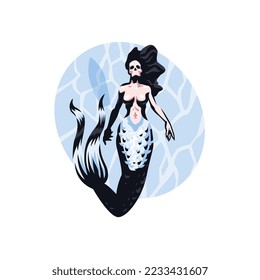 A beautiful mermaid woman with a skull instead of a head looks up and swims underwater. A ship on the surface of the water