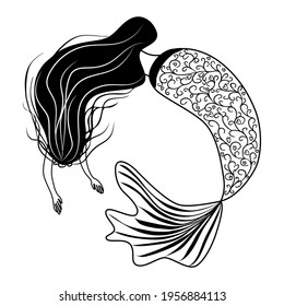 Beautiful mermaid in zentangle style, patterned mermaid tail, anti stress coloring book for adults