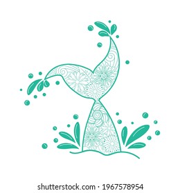 Beautiful mermaid in zentangle style, patterned mermaid tail, anti stress coloring book for adults