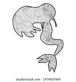 Beautiful mermaid in zentangle style, patterned mermaid tail, anti stress coloring book for adults