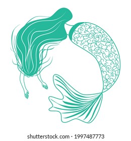 Beautiful mermaid in zentangle style, patterned mermaid tail, anti stress coloring book for adults