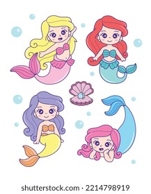 Beautiful mermaids collection cartoon illustration