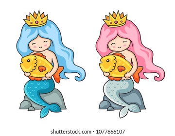 Beautiful mermaids with golden fish. Cute girls with blue and pink hair. Vector illustration. 