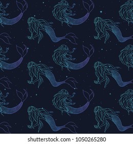 Beautiful mermaids gradient contours vector seamless pattern. Underwater mythical creatures on the starry background. Fantasy backdrop.