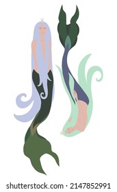 Beautiful mermaids with green and purple hair. Hand drawn vector illustration isolated on white