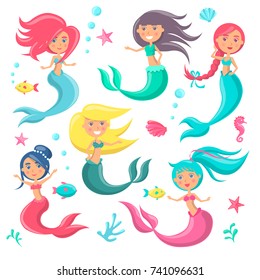 Beautiful mermaids icon with mysterious fairy tale creatures with colorful tails surrounded by sea stars and shells. Vector illustration with girls on white