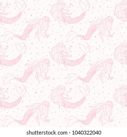 Beautiful mermaids pink contours vector seamless pattern. Underwater mythical creatures on the white polka dot background. Girlish backdrop.