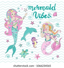 Beautiful mermaids and sea fish and turtle