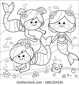 Beautiful mermaids swimming underwater. Vector black and white coloring page.
