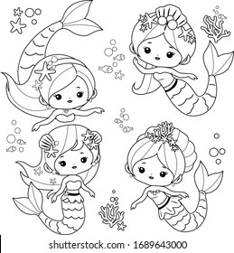 Beautiful mermaids swimming underwater. Vector black and white coloring page.