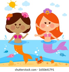 Beautiful mermaids swimming in the water. Vector illustration