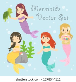 Beautiful mermaids vector collection with different activities. Mermaid combing her hair, playing with sea turtle and carrying a bag of seashells