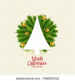 beautiful merry christmas background with tree and golden xmas balls