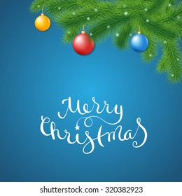 Beautiful Merry Christmas card with  fir tree and balls.