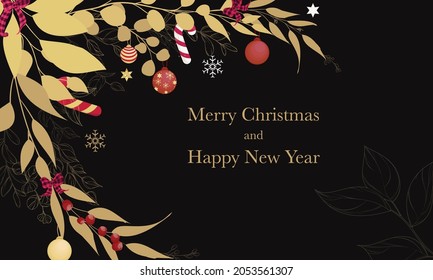 beautiful merry christmas card with gold leaves and christmas ornament
