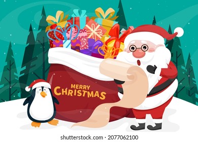 Beautiful merry christmas card with happily santa claus and penquin checking list name with preset box with pine tree on background, vector illustration