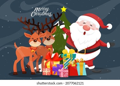 Beautiful merry christmas card with happily santa claus with two reindeer and preset box with pine tree on background, vector illustration
