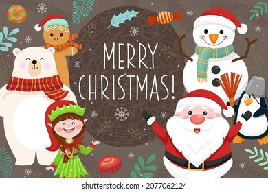 Beautiful merry christmas card with happily girl and santa claus with snowman, polar bear and penquin, leaf and candy on background, vector illustration