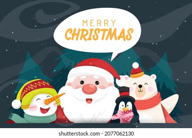 Beautiful merry christmas card with happily santa claus with snowman, polar bear and penquin, pine tree on background, vector illustration