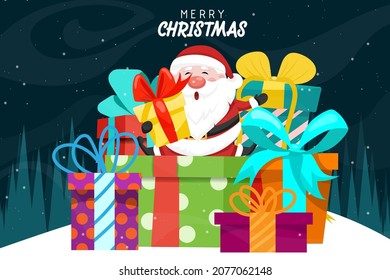 Beautiful merry christmas card with happily santa claus smile among the beautiful gift boxes on night background, vector illustration