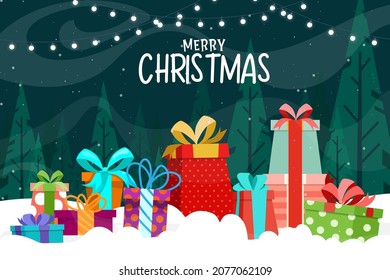 Beautiful merry christmas card with preset box on snow with pine tree and light bulb on background, vector illustration