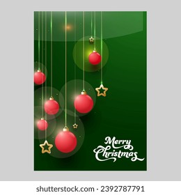 Beautiful Merry Christmas Card or Template Design with Red Lighting Baubles and Golden Star Decorative Green Background. 