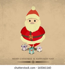 Beautiful Merry Christmas celebration greeting card or invitation card with Santa Claus and gift boxes on grungy brown background. 