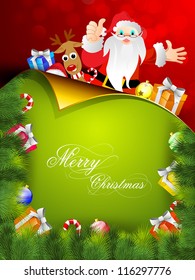 Beautiful Merry Christmas greeting card or gift card with Santa his team and gift boxes. EPS 10.