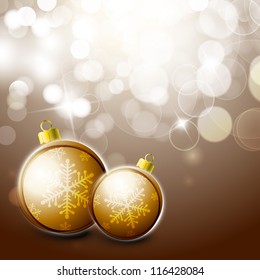 Beautiful Merry Christmas greeting card, gift card or invitation card with decorative Xmas balls on shiny snowflakes background. EPS 10.