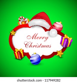 Beautiful Merry Christmas greeting card or gift card with Santa hat and gift boxes. EPS 10.