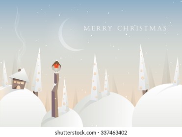 Beautiful Merry Christmas greeting vector illustration of snowy hills landscape scenery with wooden log cabin, decorated pine trees and robin bird