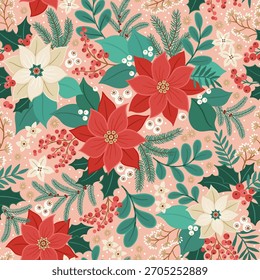 Beautiful merry seamless pattern. Christmas seamless pattern with holly pink and red berries. Christmas floral pattern. Flowers on a coral background - winter concept, Christmas - vector illustration