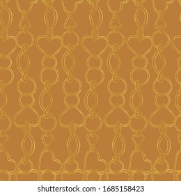 Beautiful metal vertical chains. Chain links in the form of hearts and circles on a golden brown background. Seamless vector pattern.