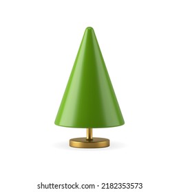 Beautiful metallic green Christmas tree toy on golden rack decor element traditional winter holiday symbol vector illustration. Realistic minimalist Xmas fir glossy cone shape on pedestal 3d template