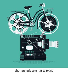 Beautiful metaphoric vector illustration of retro movie projector with film reels as bicycle wheels. Cycling movies concept illustration in vintage style, turquoise, black and white colors