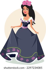 
Beautiful Mexican Girl Wearing a Beautiful Traditional Dress Vector Cartoon Illustration. Pretty dancer having fun in a fiesta event 
