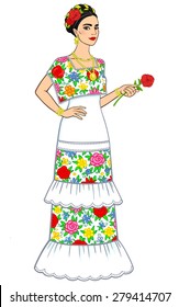 Beautiful Mexican woman in an ancient dress. Full growth. Isolated on a white background.
