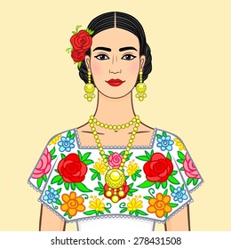 Beautiful Mexican woman in a national clothes. Isolated on a beige background.