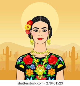 Beautiful Mexican woman in a national clothes. Background - the desert.