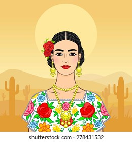 Beautiful Mexican woman in a national clothes. Background - the desert.