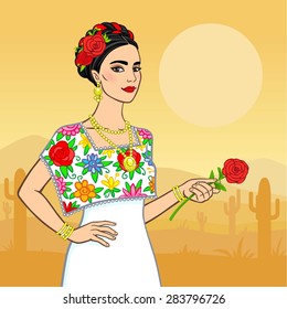 Beautiful Mexican woman in a national clothes. Background - the desert.