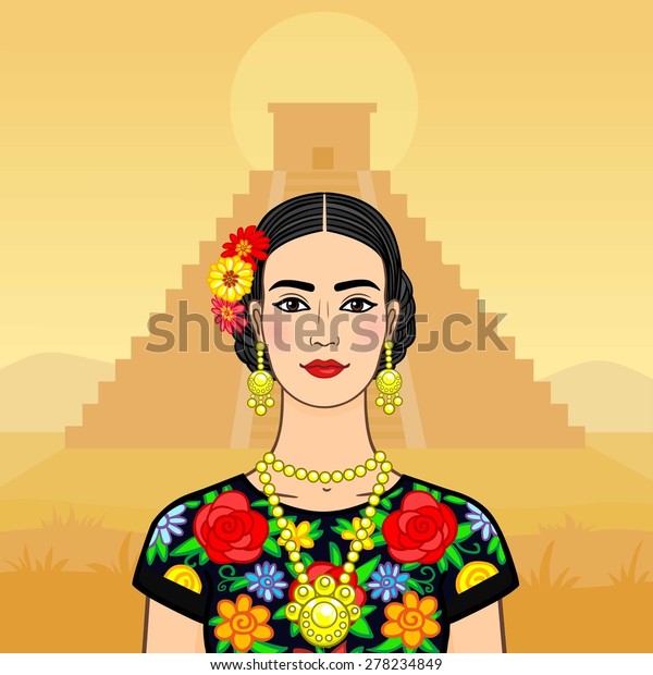 国民服を着た美しいメキシコ人女性 背景 ピラミッドmaya のベクター画像素材 ロイヤリティフリー