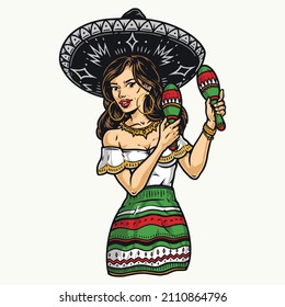 Beautiful Mexican woman in sombrero and golden necklace playing maracas on white background, vector illustration