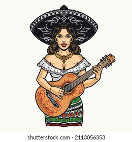 Beautiful Mexican woman in sombrero hat wearing gold jewellery playing guitar on white background, vector illustration